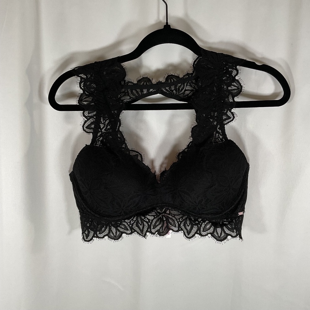 Victorias Secret PINK Date Push Up Bralette Black Lace Sexy Racerback Bra Large